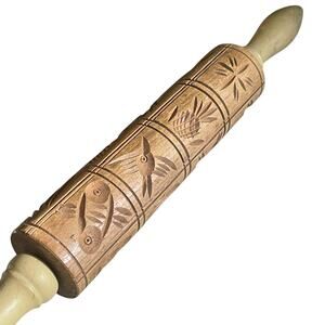 Vintage Folk Art Carved Wooden Springerle Rolling Pin Bird Floral 16"